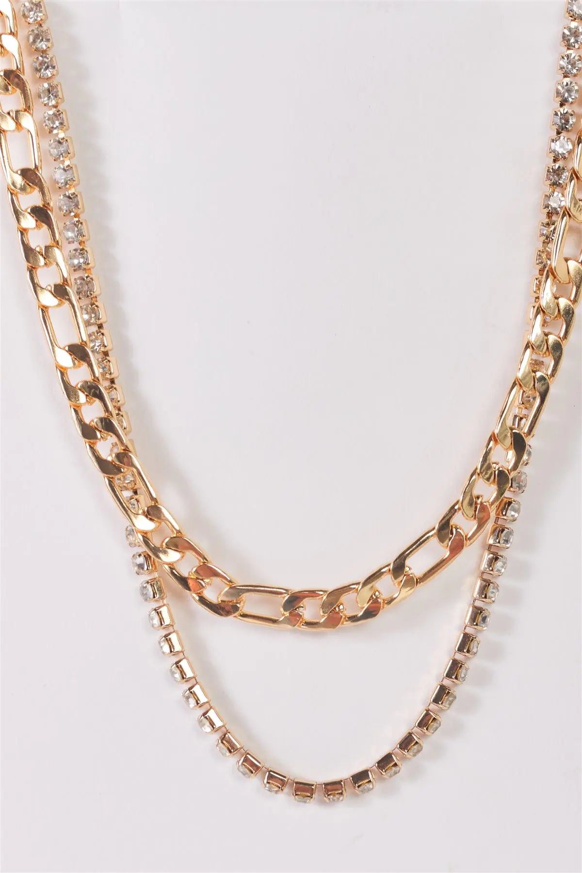 Gold Figaro Link Chain & Rhinestone Box Chain Set Necklace