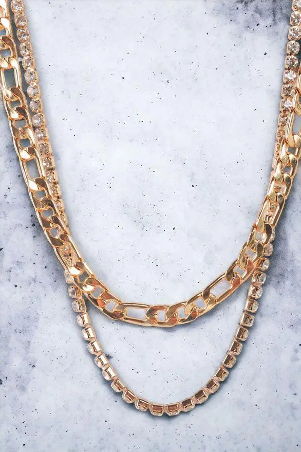 Gold Figaro Link Chain & Rhinestone Box Chain Set Necklace