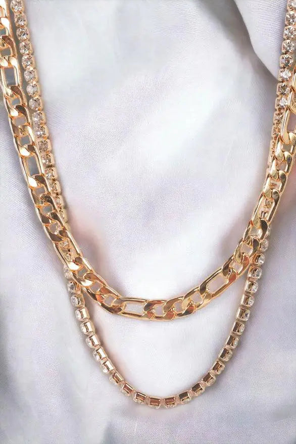 Gold Figaro Link Chain & Rhinestone Box Chain Set Necklace